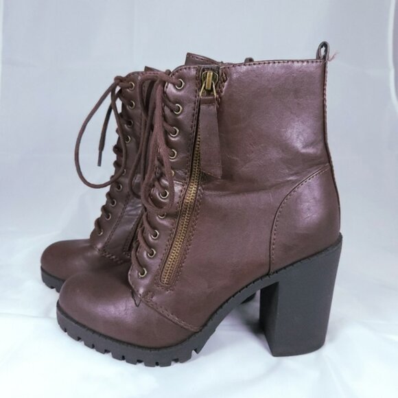 Soda Ankle Boots 9 Brown Lace-Up Chunky Heel Booties - Picture 2 of 9